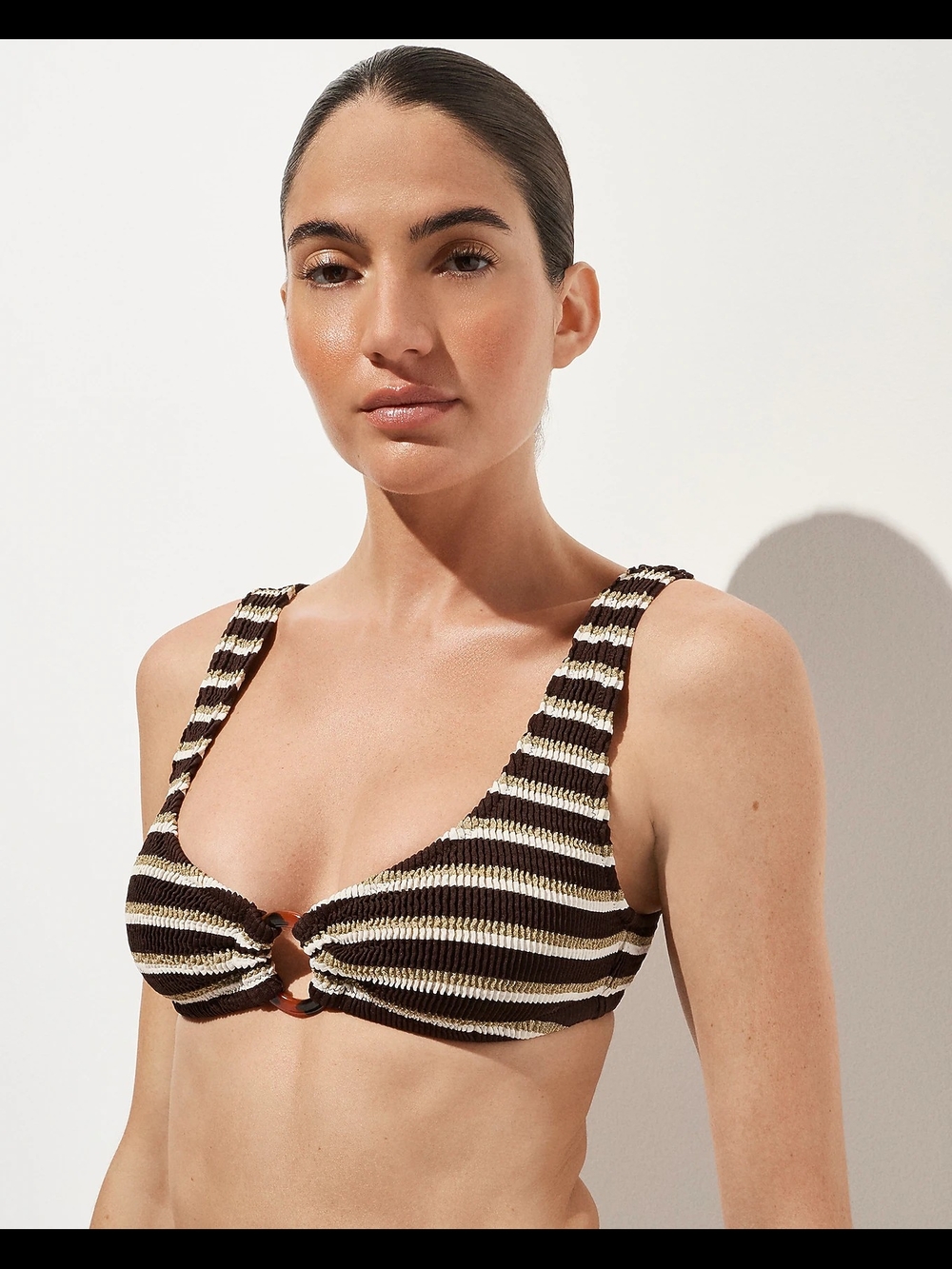 Striped Brown & Cream Women's Swim Top